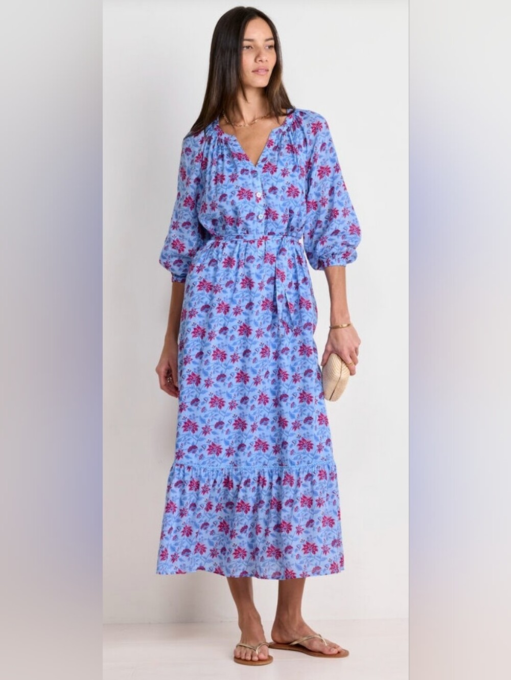 Vineyard Vines Floral Serenity  Blue Pink Maxi Dress Tie Waist Cover-Up M NWT
